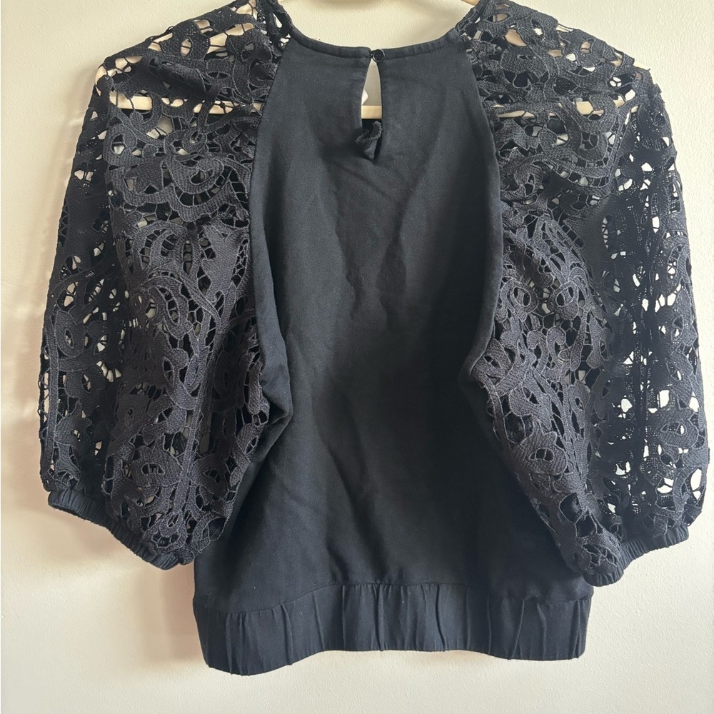 Anthropologie Dolan Puff Black Lace Sleeve Top - Picture 2 of 2